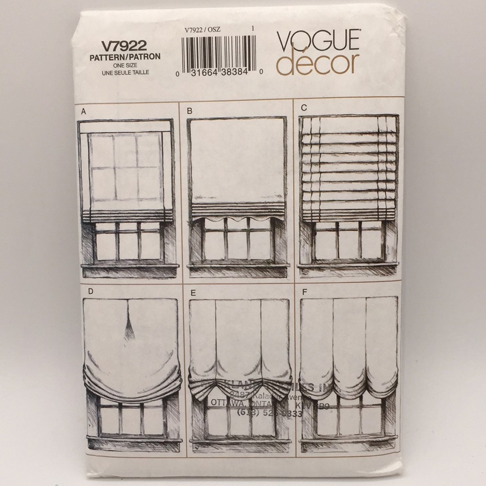 Vogue Decor V7922 Window Shades Curtains Sewing Pattern Uncut